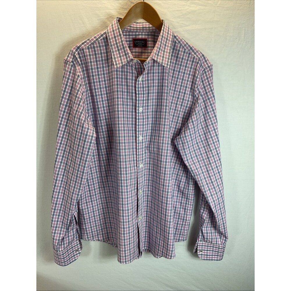 Untuckit Shirt Mens XL Pink Plaid Slim Fit Wrinkle Free Button Up Preppy Cotton